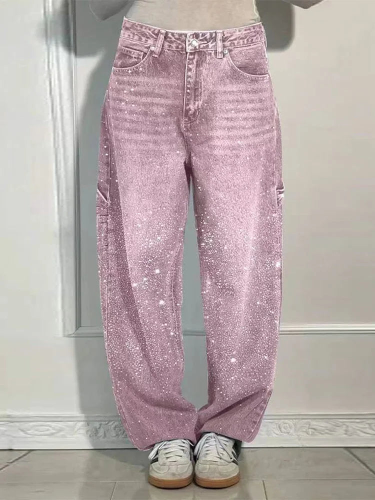Rhinestone Effect Loose Jeans