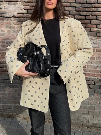 Beige Studded Oversized Blazer