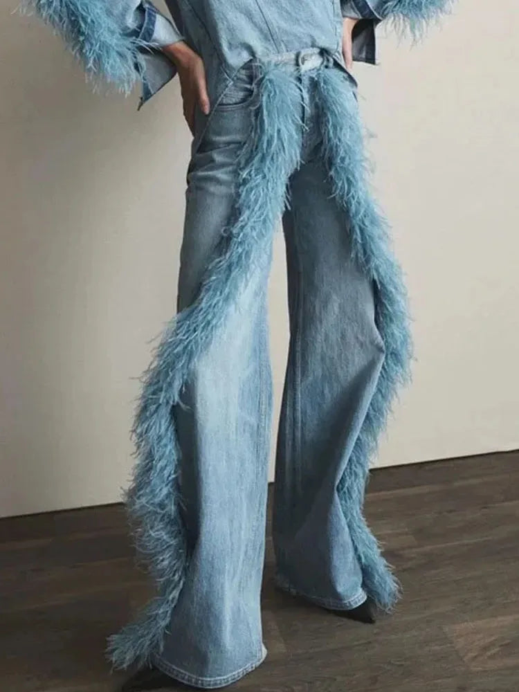 Fluffy Detail Denim Trousers