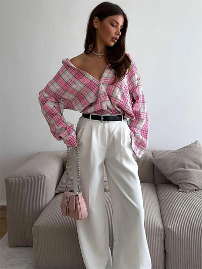 Relaxed Fit Pink Plaid Shirt