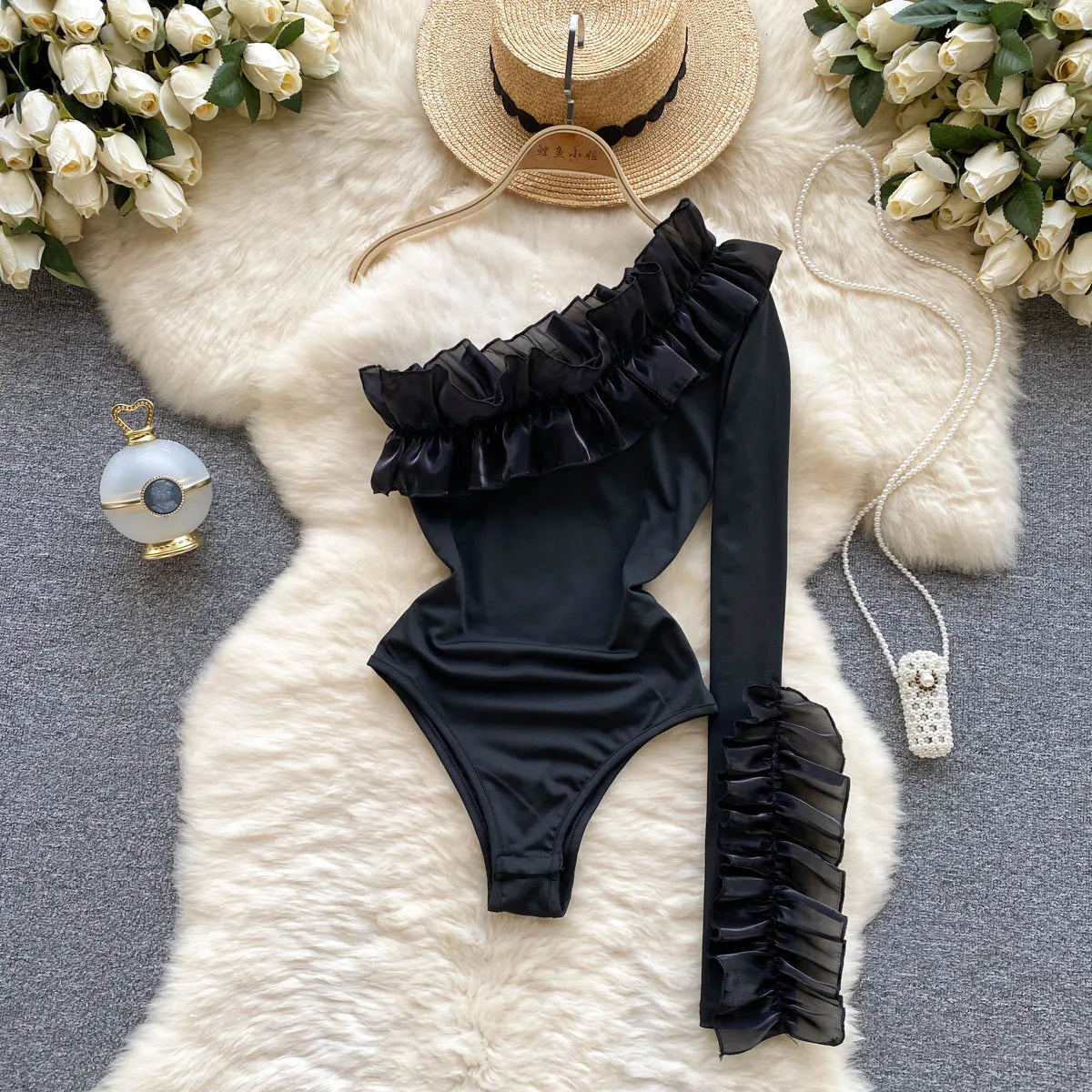 Asymmetric Ruffle Sleeve Bodysuit