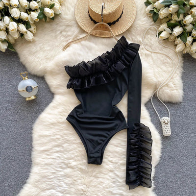 Asymmetric Ruffle Sleeve Bodysuit