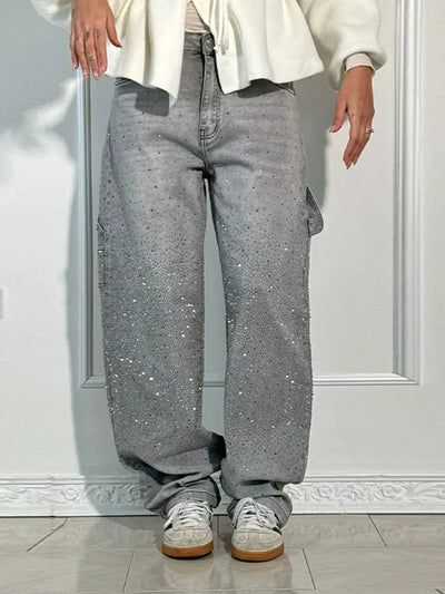 Rhinestone Effect Loose Jeans