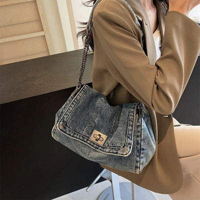 Washed Denim Chain Shoulder Bag