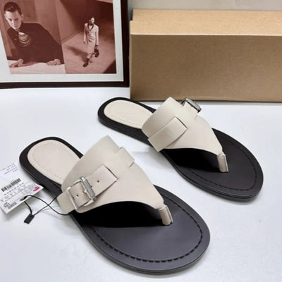 Buckled V-Cut Slide Sandals