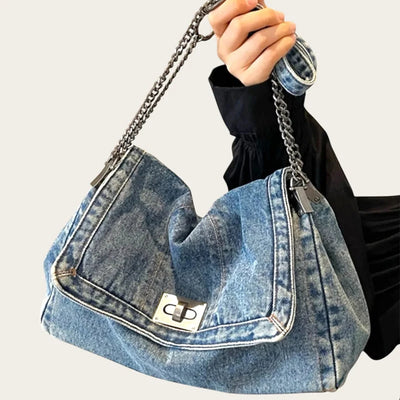 Washed Denim Chain Shoulder Bag