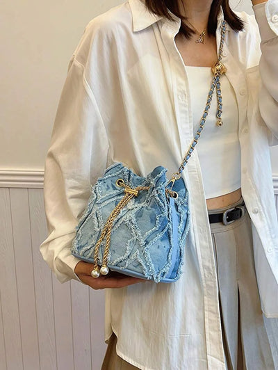 Distressed Denim Bucket Bag