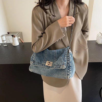 Washed Denim Chain Shoulder Bag