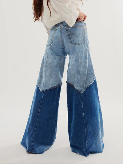 Two-Tone Flared Denim Pants