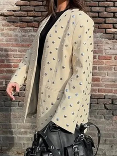 Beige Studded Oversized Blazer