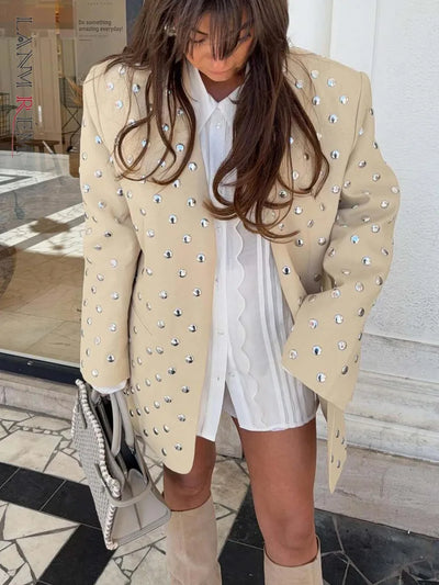 Beige Studded Oversized Blazer
