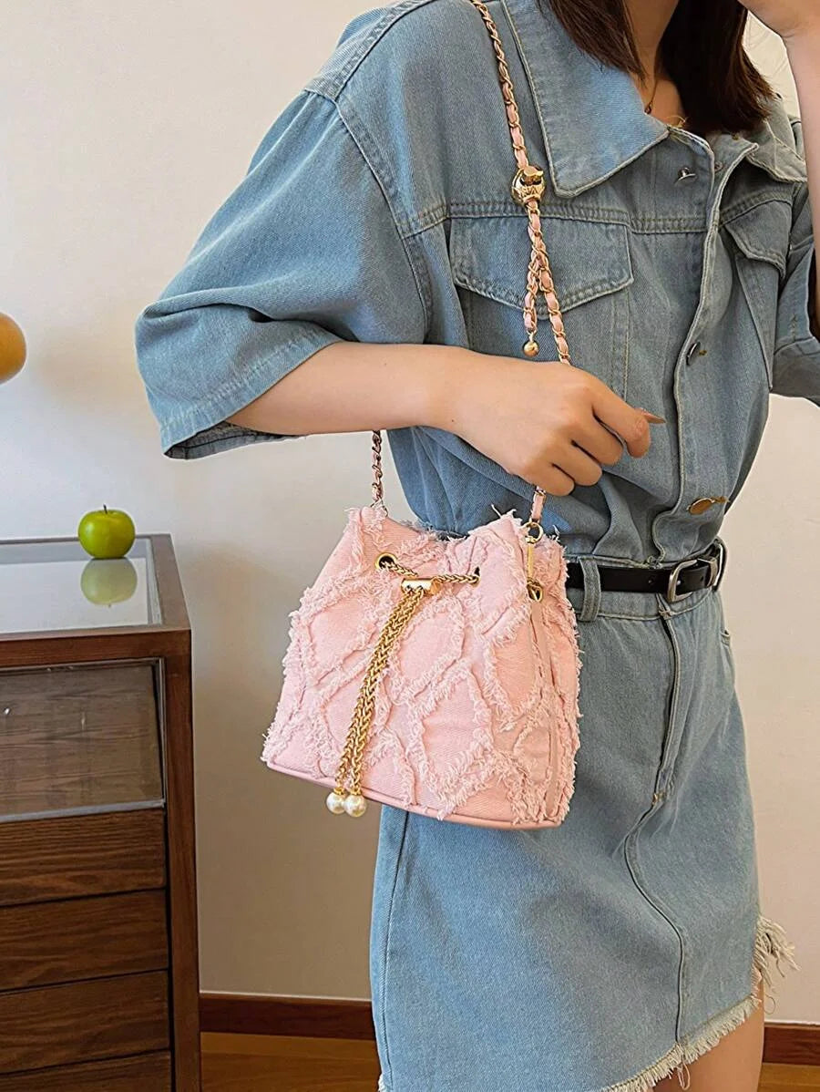 Distressed Denim Bucket Bag