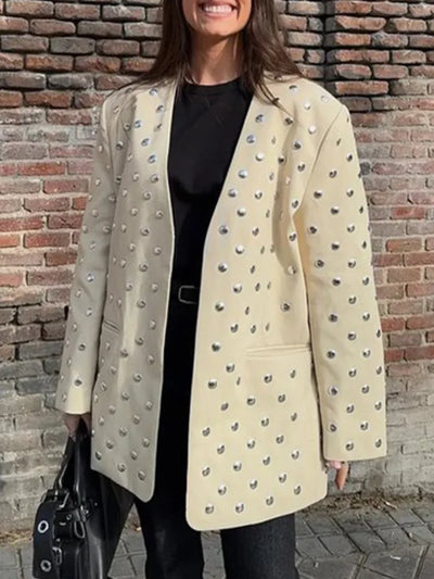 Beige Studded Oversized Blazer