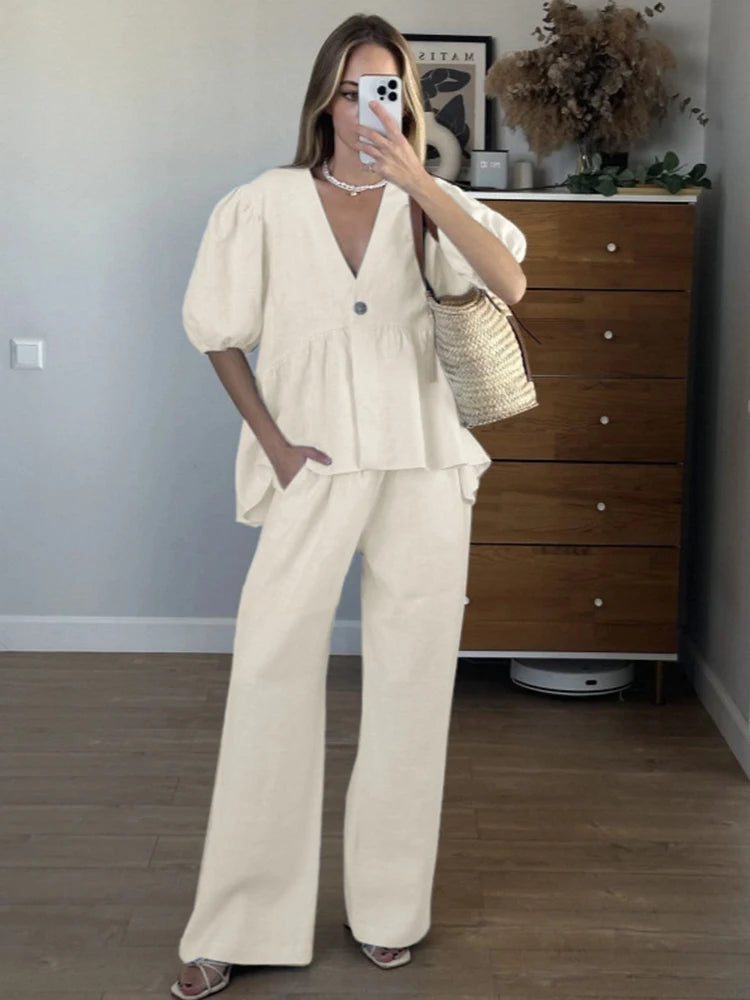 Puff Sleeve Cotton Lounge Jumpsuit
