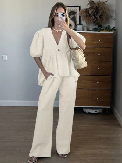 Puff Sleeve Cotton Lounge Jumpsuit