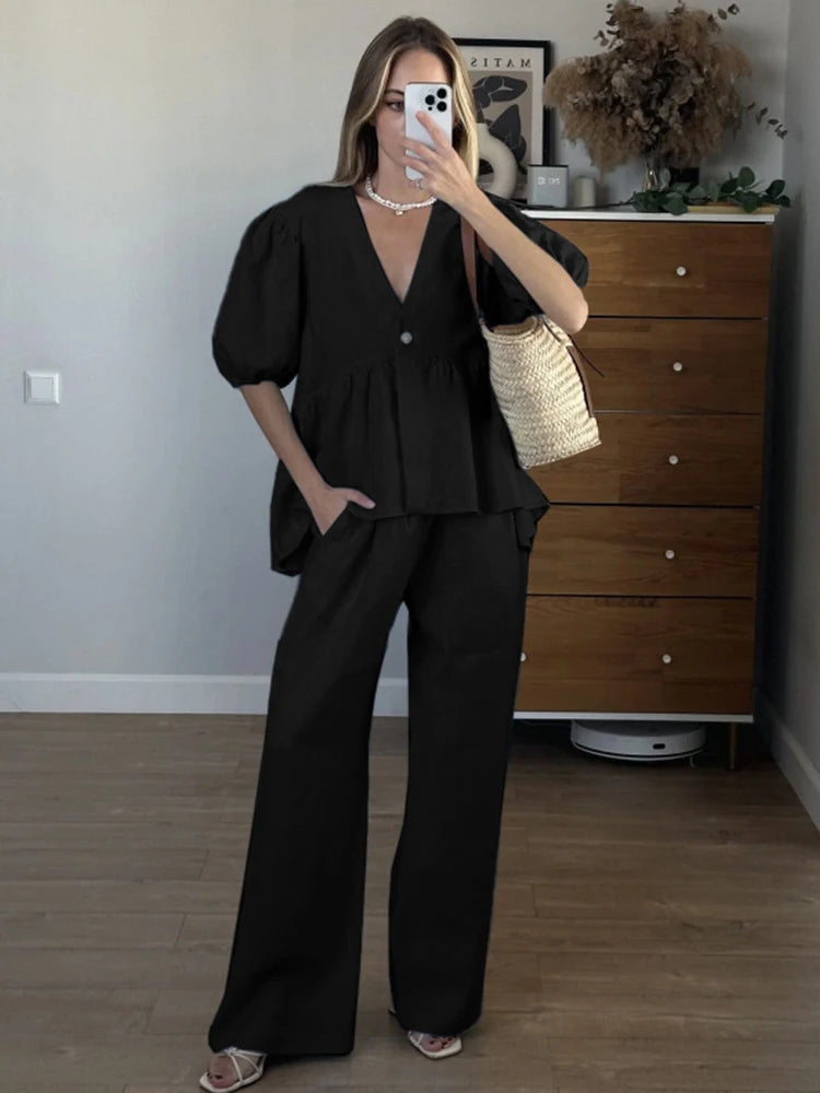 Puff Sleeve Cotton Lounge Jumpsuit