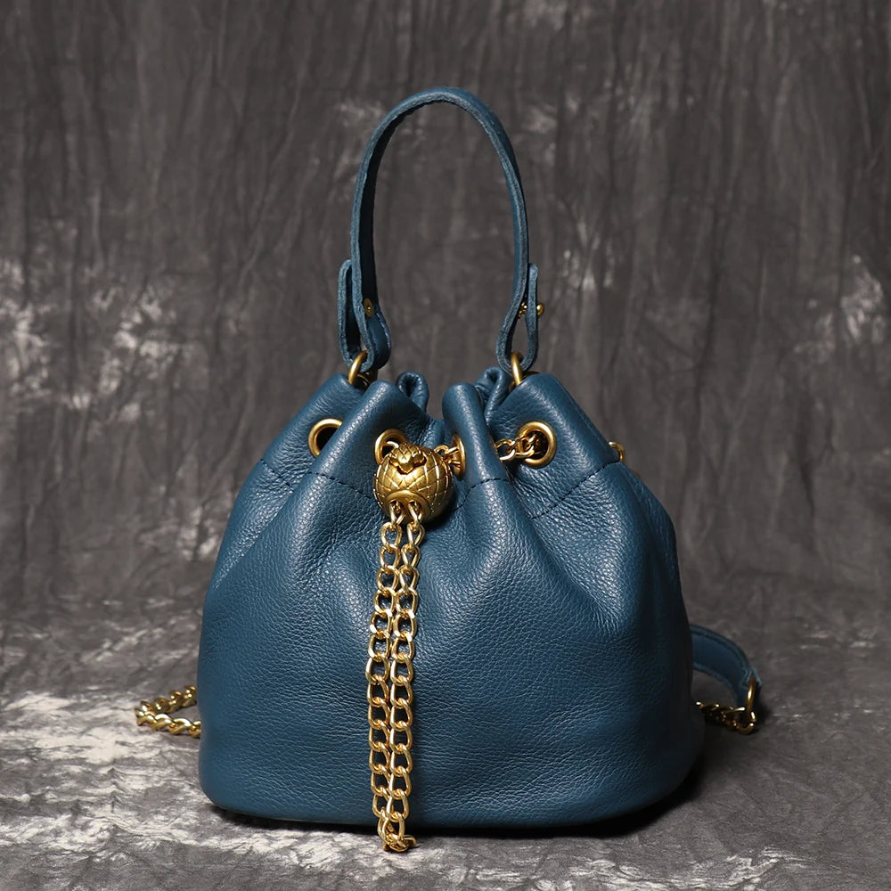 Chain Accent Soft Leather Bucket Bag