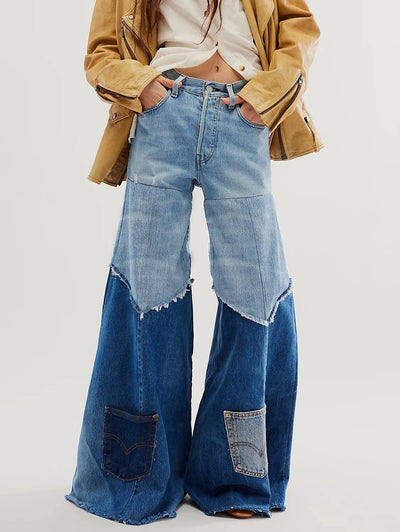 Two-Tone Flared Denim Pants