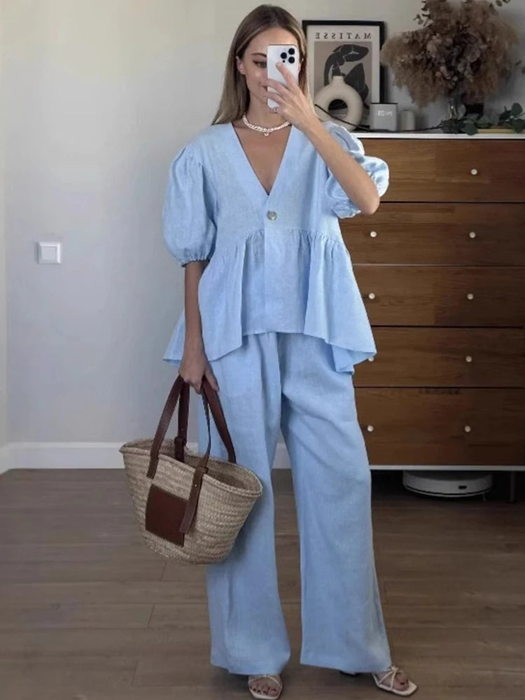 Puff Sleeve Cotton Lounge Jumpsuit