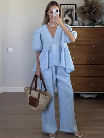 Puff Sleeve Cotton Lounge Jumpsuit