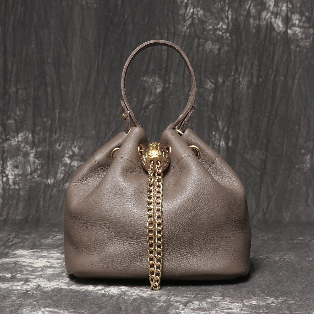 Chain Accent Soft Leather Bucket Bag