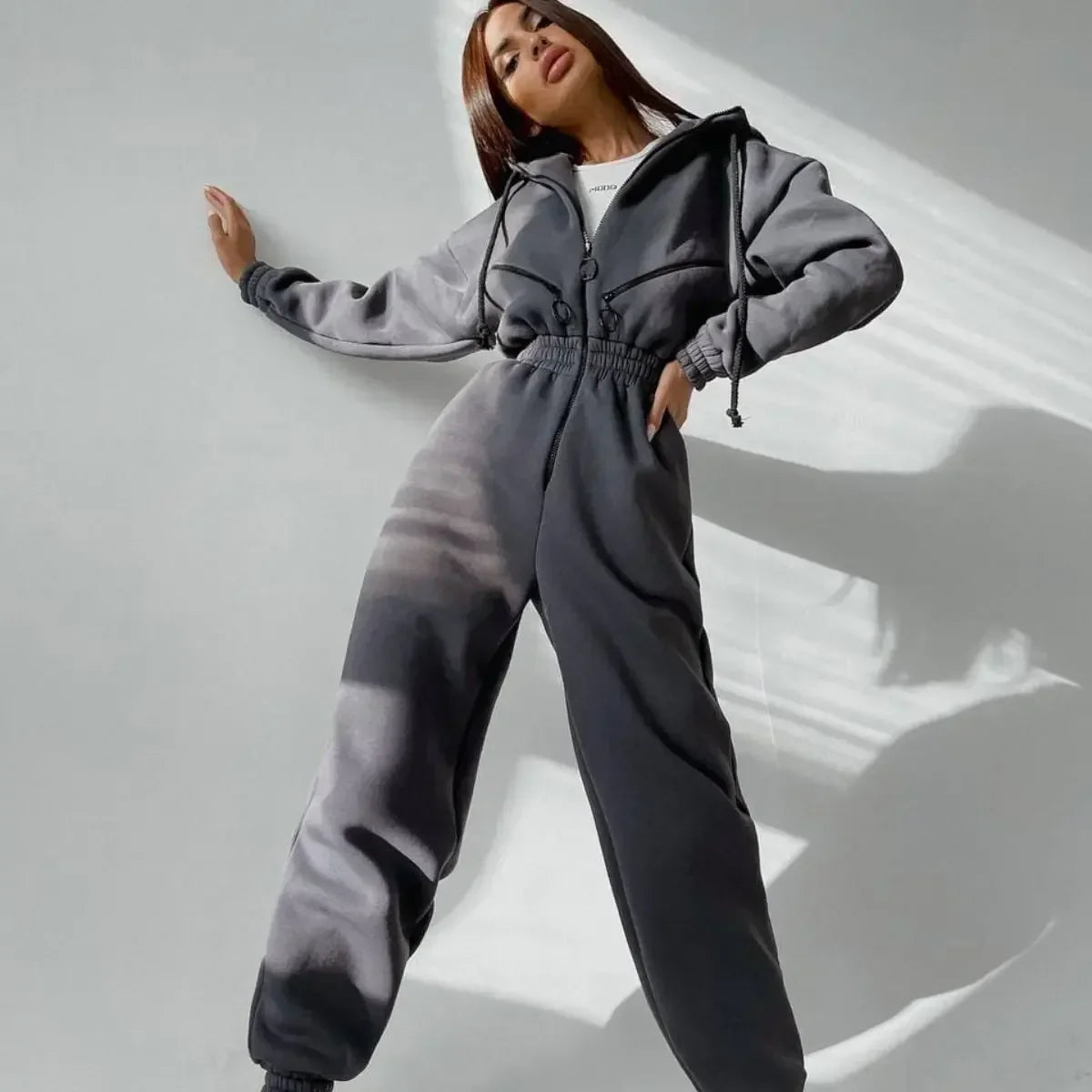 Zip-Up Drawstring Waist Jumpsuit