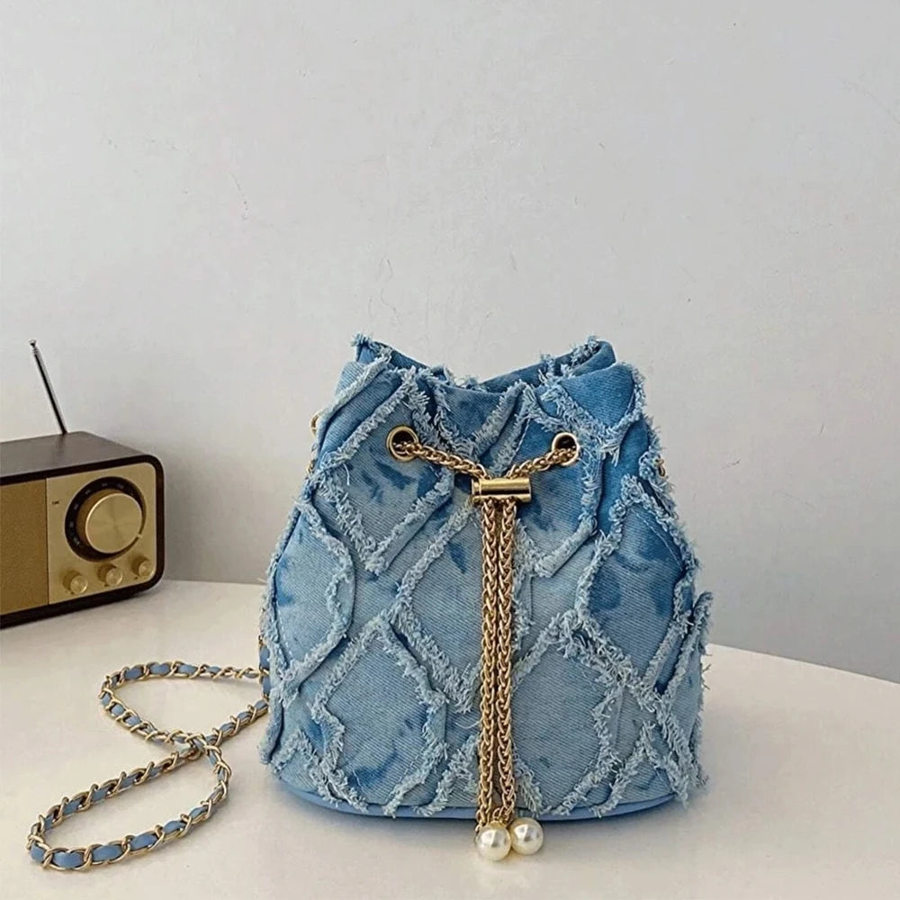 Distressed Denim Bucket Bag